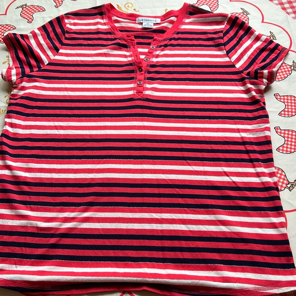 Liz Claiborne Women’s Short Sleeve Pullover Button Top NWOT XL Striped